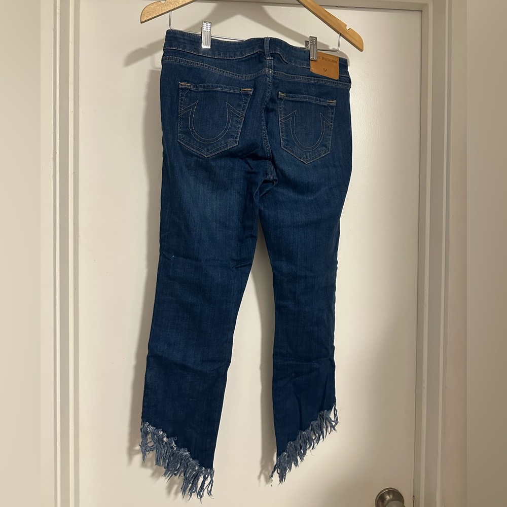 True Religion Cropped Blue Jeans with Frayed Hem